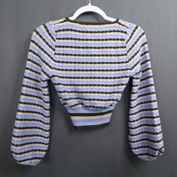 Womens Sweater Large Purple Green Cropped Y2K Bubble Sleeve Retro Preppy Indie - Picture 4 of 10